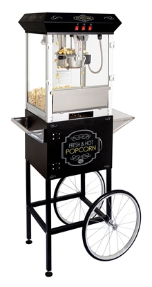 Black 8oz Oscar series popcorn machine with cart - front view