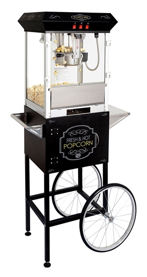 Black 8oz Oscar series popcorn machine with cart - front view