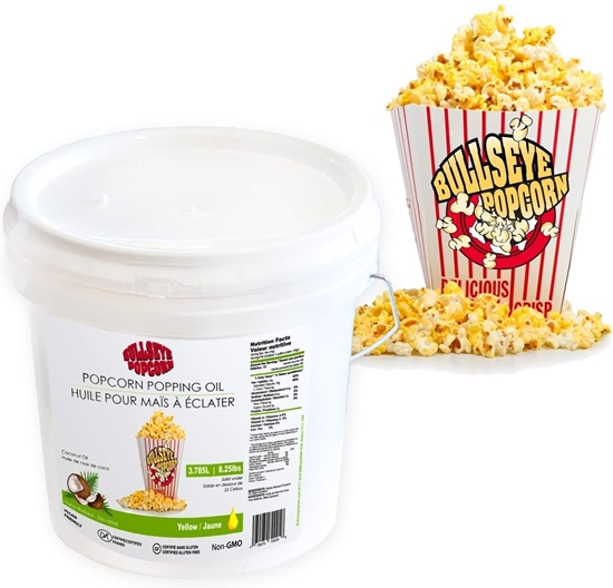 Yellow coconut oil tub 3.785L with popcorn box