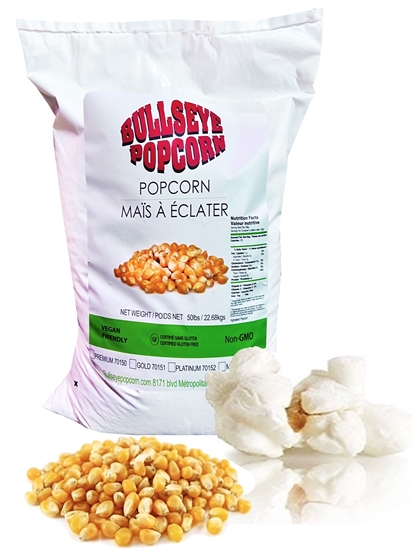 Bullseye popcorn 50lbs bag with popped and unpopped kernels